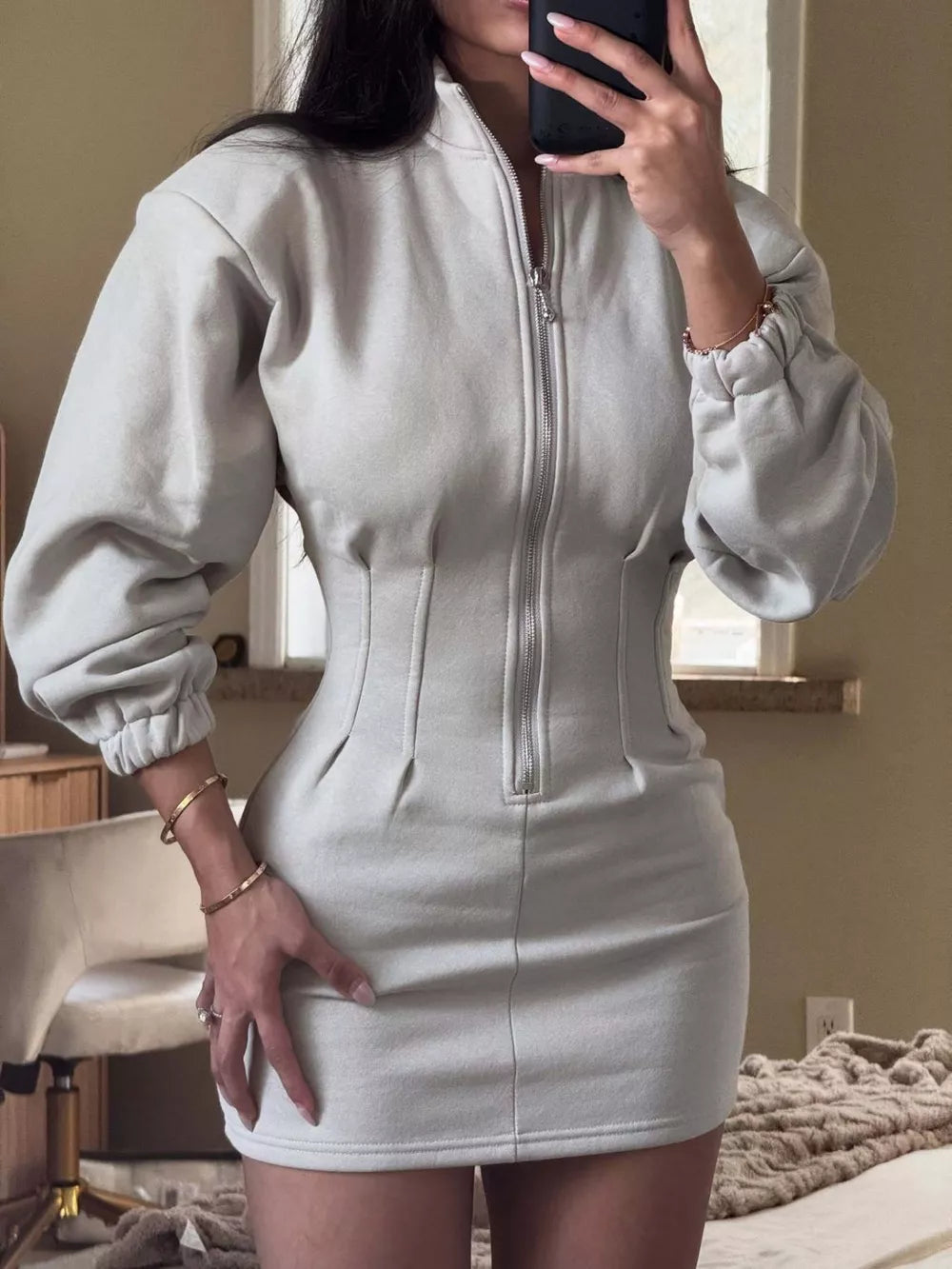 Casual Zip-up Long Sleeve Mini Dress in Off-white, model styling view
