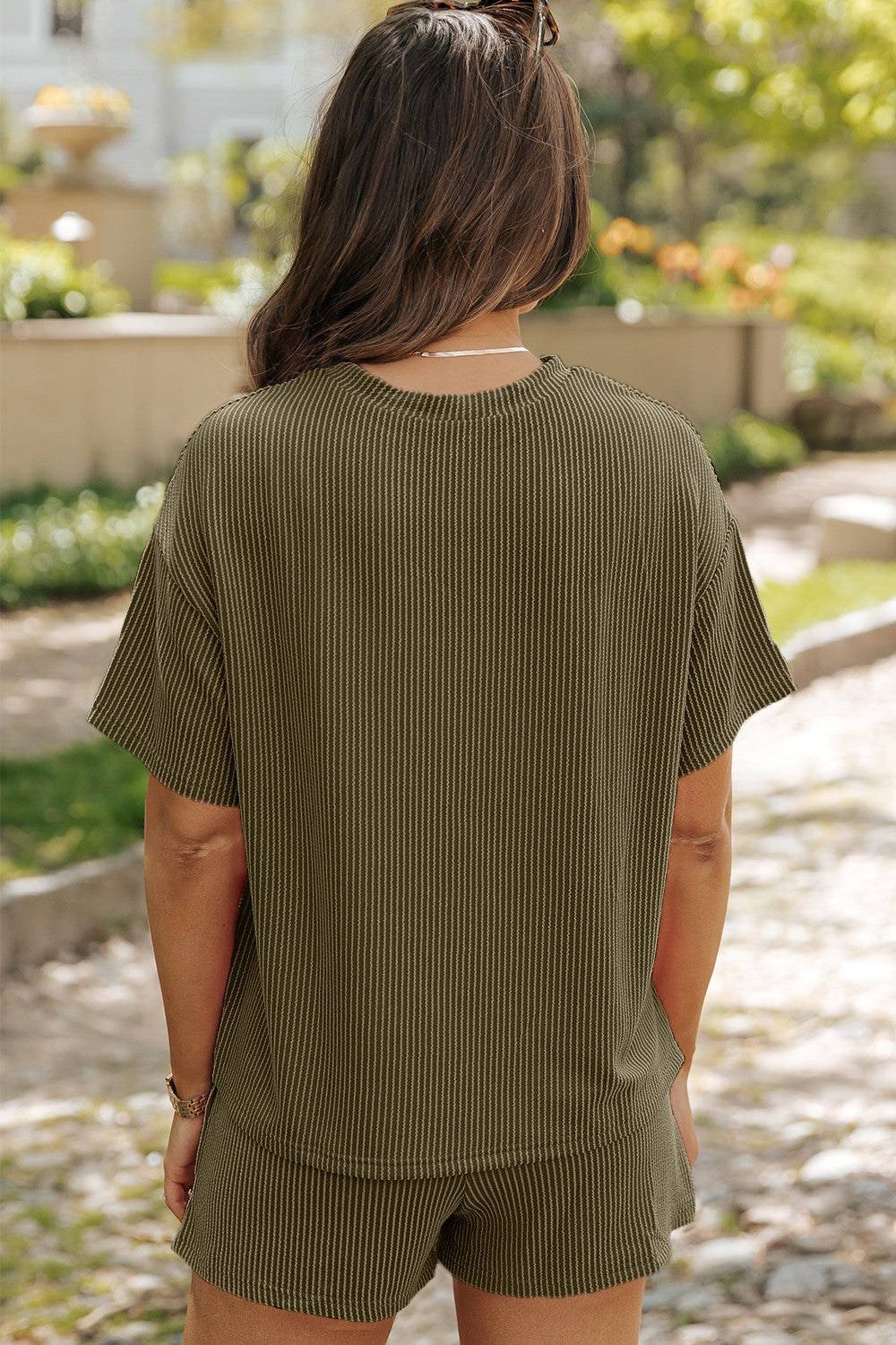Olive ribbed co-ord set with boxy tee and shorts, showing back view.