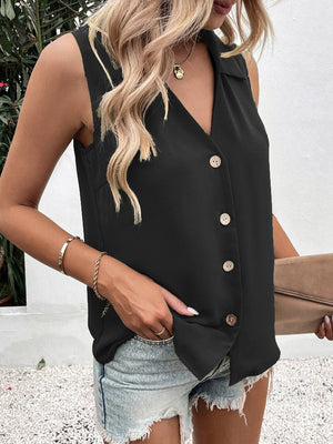 Sleeveless black collared button-down blouse with wooden buttons.