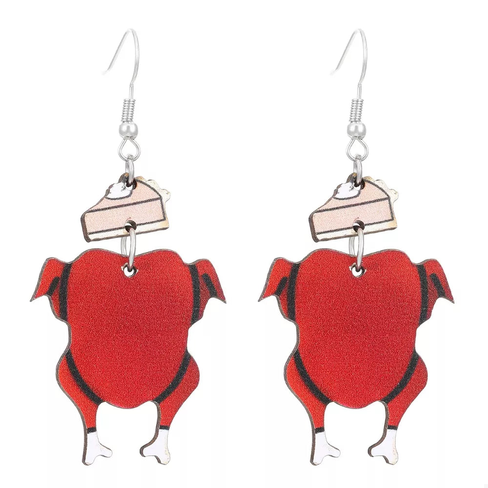 Thanksgiving turkey charm dangle earrings with pie slice detail.