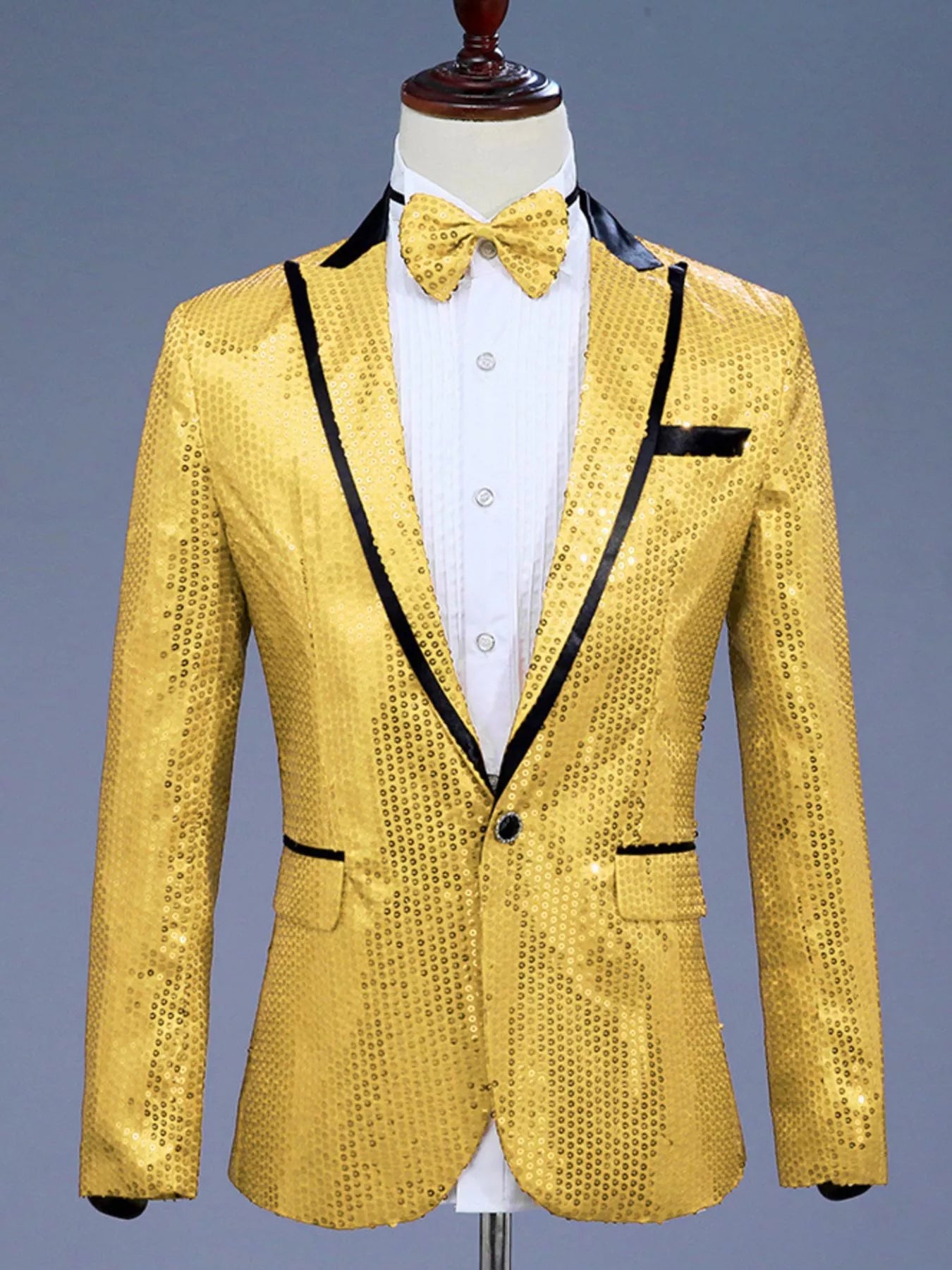 Gold sequin one button tuxedo blazer with black lapels and a matching bow tie.