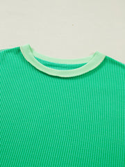 Bright green ribbed t-shirt with contrast neckline detail
