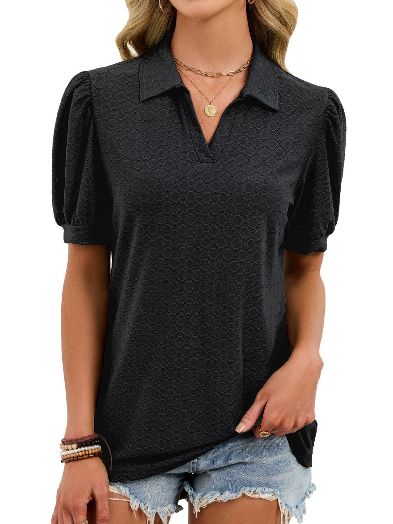 Black eyelet collar top with puff sleeves and v-neck