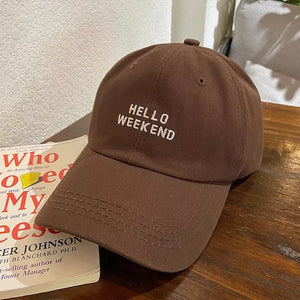 Coffee cotton baseball cap with white HELLO WEEKEND embroidery