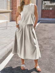 Striped two-piece set with sleeveless top and midi skirt with pockets
