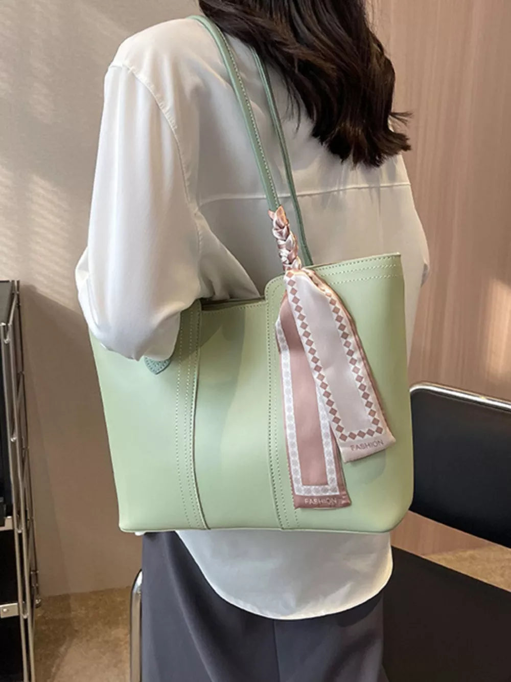 Elegant large green pu leather tote bag with decorative scarf detail