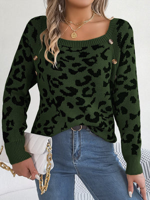 Army green acrylic sweater with black leopard print and button detail on neckline.