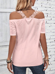 Dusty pink off-the-shoulder top with lace yoke detail and short sleeves.