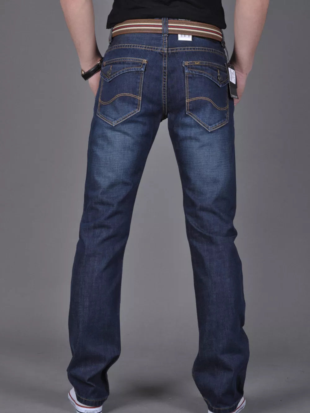 Men's Slim Fit Blue Jeans in Blue, model styling view