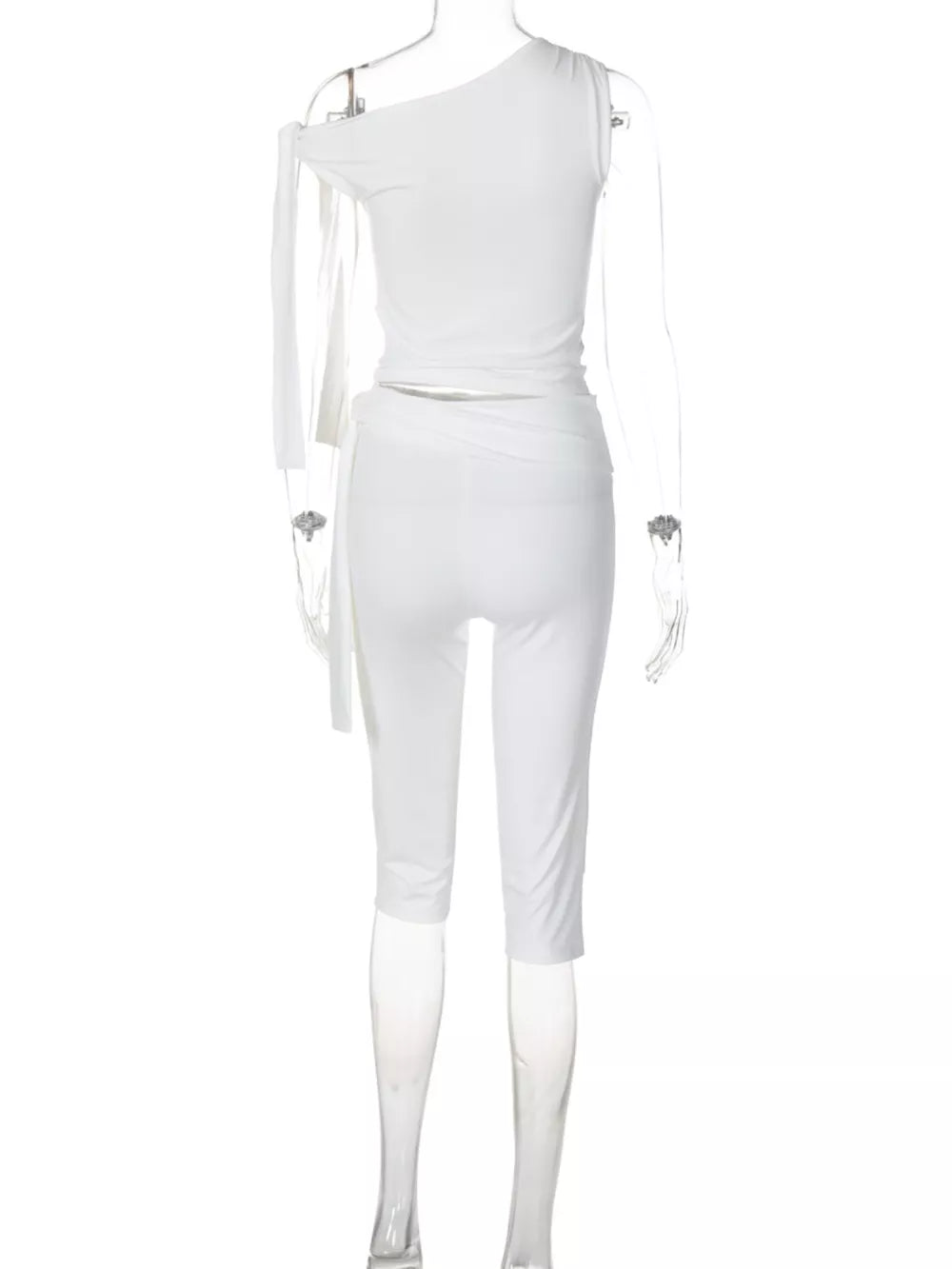 White one-shoulder tie top with capri pants set.