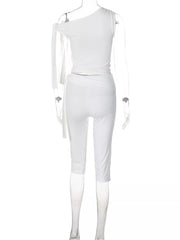 White one-shoulder tie top with capri pants set.