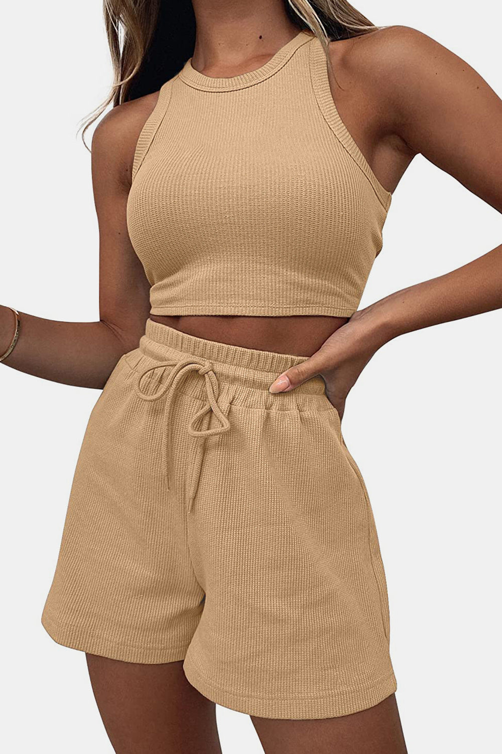 Ribbed knit crop top and drawstring shorts set in tan, casual summer outfit.