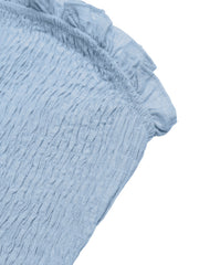Belted smocked romper in light blue with ruffle trim detail