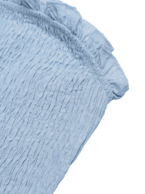 Belted smocked romper in light blue with ruffle trim detail