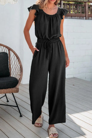 Black textured drawstring palazzo jumpsuit with ruffle sleeves and wide legs.