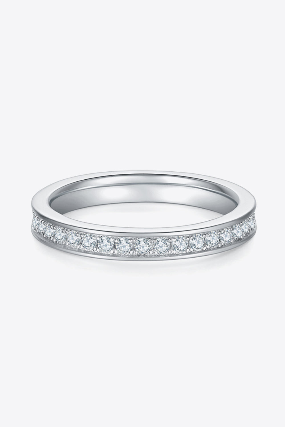 Silver pavé moissanite eternity band ring with 925 sterling silver setting.