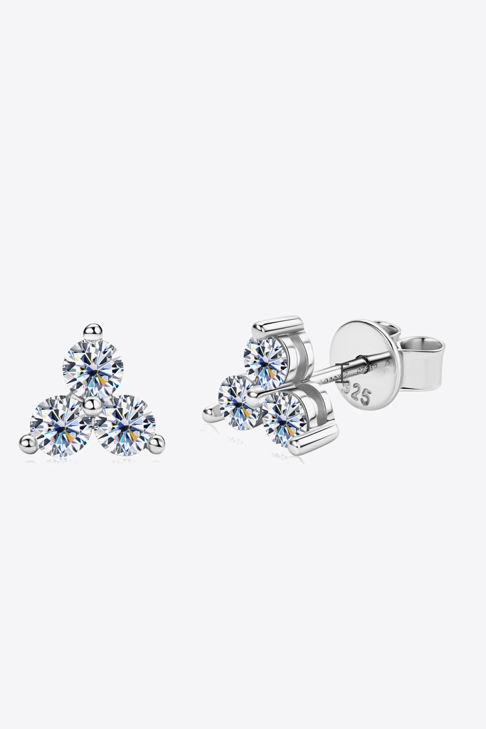 Silver moissanite stud earrings with three round-cut stones in a cluster design, made of 925 sterling silver.
