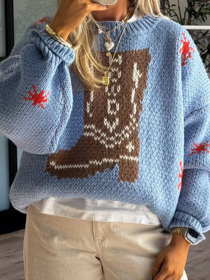 Light blue knit jumper with brown boot intarsia pattern and red accents.