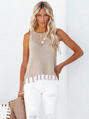 Dust Storm knit tank top with crochet neckline and tassel trim