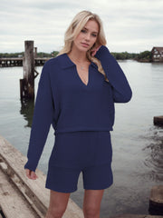 Dark Blue textured polo knit sweater and shorts set with collared neckline and v-neck.