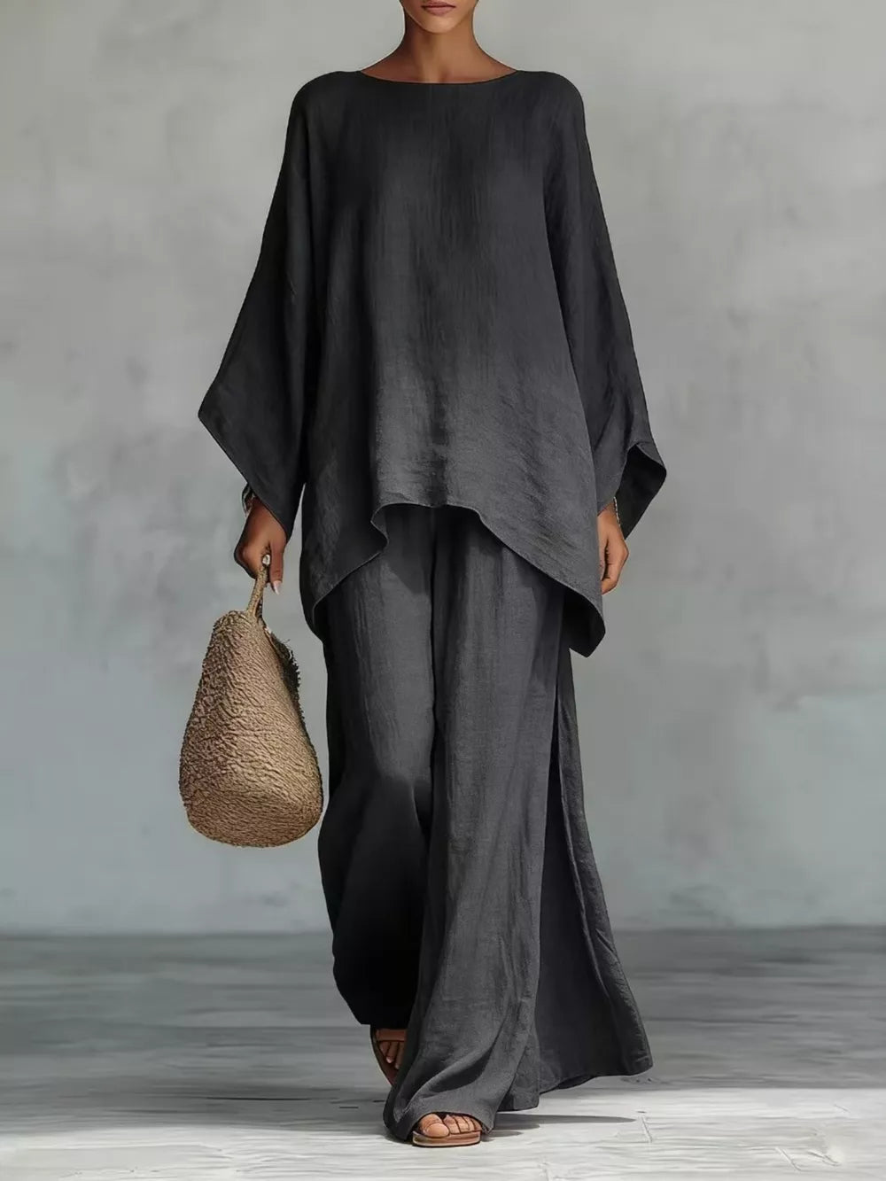 Full Size Round Neck Top And Wide Leg Pants Set in Black, alternate angle