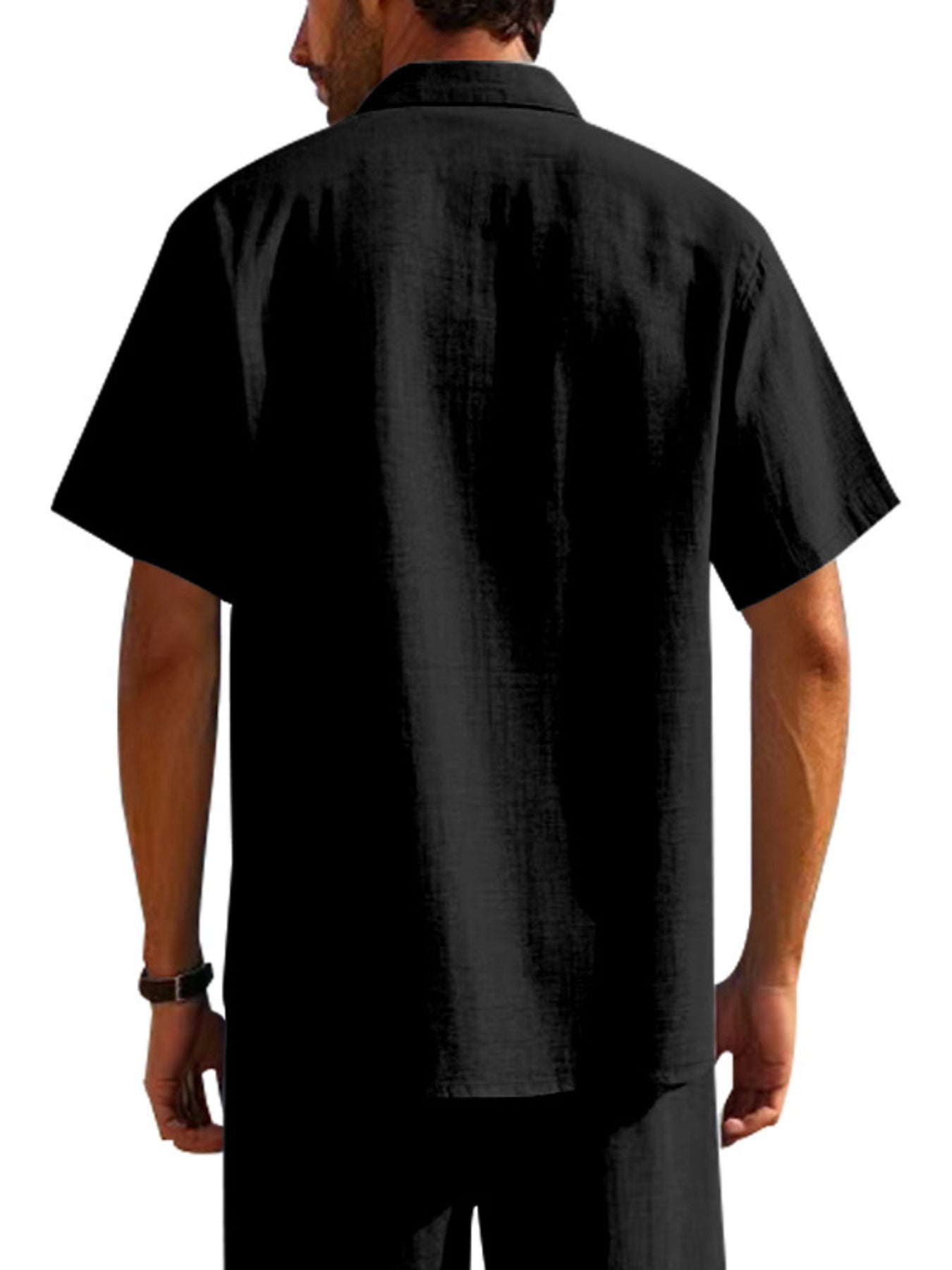 Black short sleeve button-down shirt with collar and pockets, casual fit.