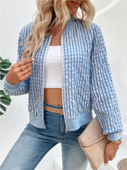 Light blue textured mesh bomber jacket with a checkered pattern and zip front.