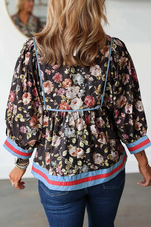 Floral Print Contrast Trim Tie V Neck Blouse in Floral, side view