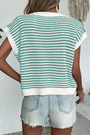 Sleeveless knit tank top in green and white stripes, acrylic, with a crew neck.