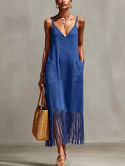 Blue V-neck maxi dress with fringe hem and pockets