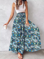 Bohemian print wide-leg pants with smocked waist in Royal Blue and Teal.