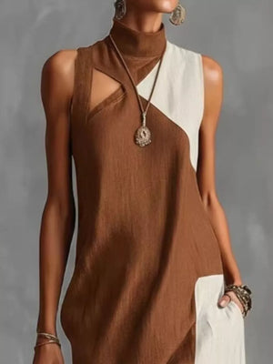 Color Block Mock Neck Sleeveless Maxi Dress Plus Size in Dark Gray, back view
