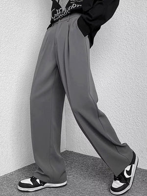 Grey wide-leg casual pants with a relaxed fit and subtle pleats.