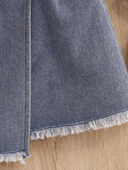 Distressed denim skirt with frayed hem and seams.