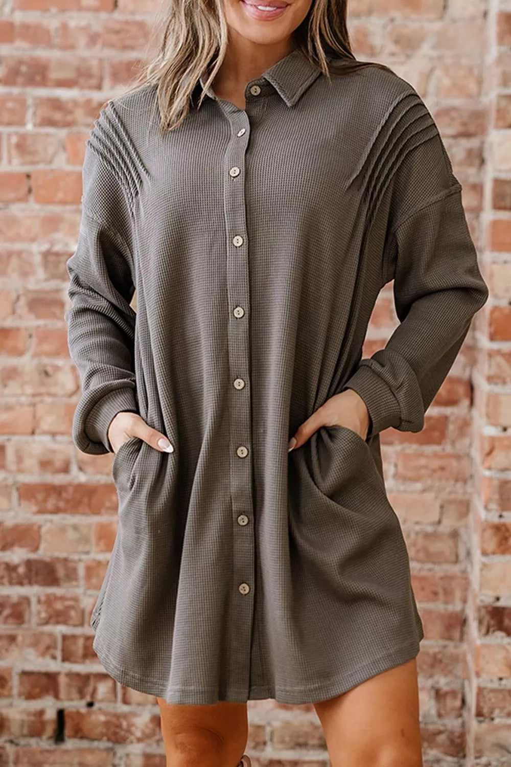 Casual Button-down Dress With Pockets in Dark Gray, fabric detail