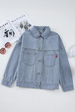 Light pinstripe denim trucker jacket with chest pockets and button front.