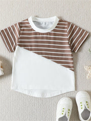 Baby cotton t-shirt with brown and white stripes and a white color block panel.