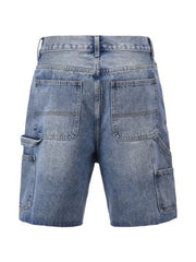 Medium wash denim carpenter shorts with multiple pockets and utility loop.