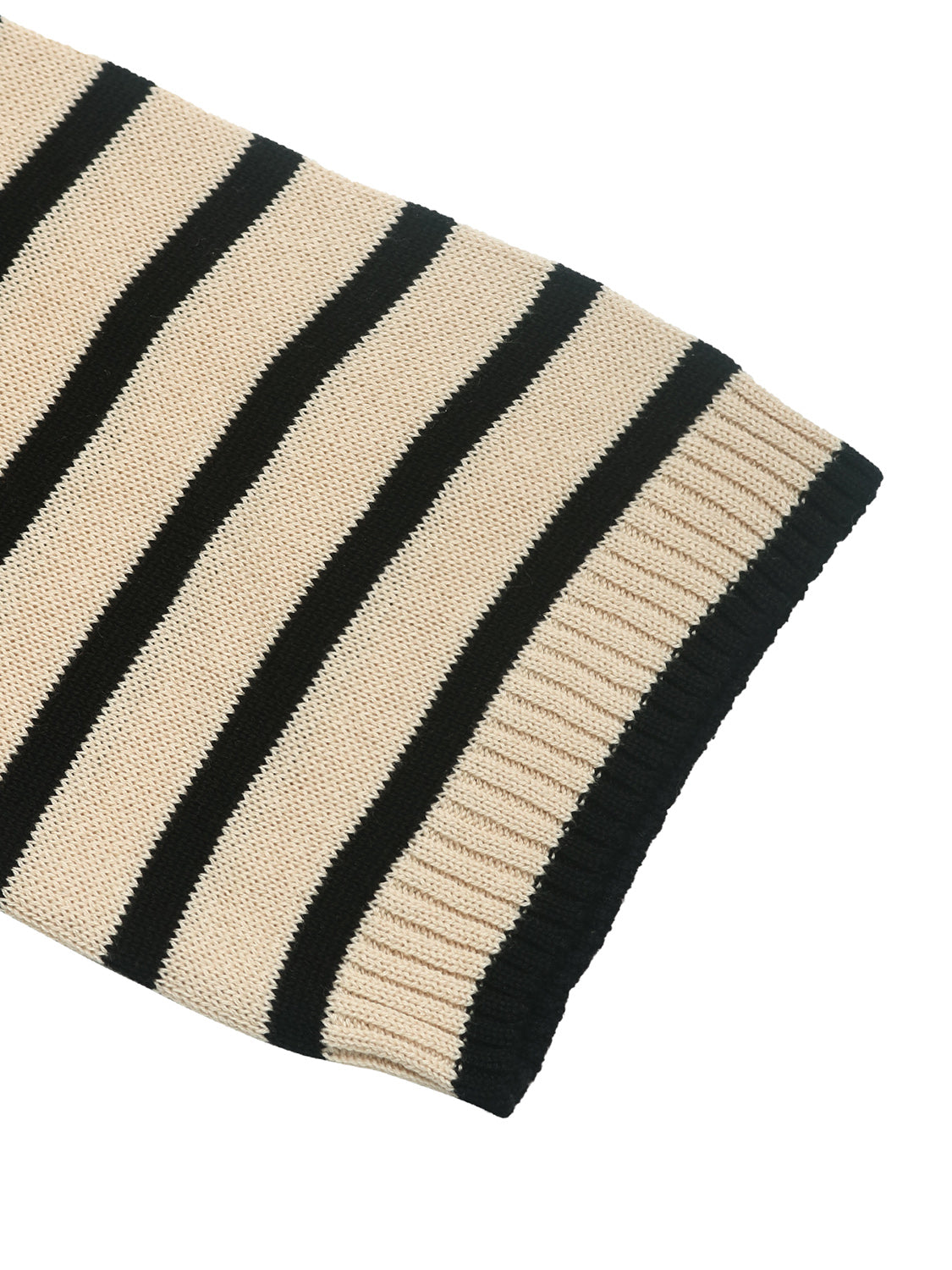 Nautical stripe sweater in beige and black acrylic with button shoulder detail.