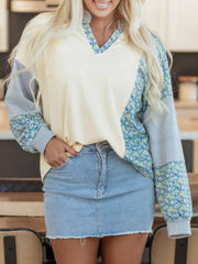 Floral Striped Drop Sleeve Collared Sweatshirt in Cream, product detail