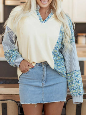 Floral Striped Drop Sleeve Collared Sweatshirt in Cream, product detail