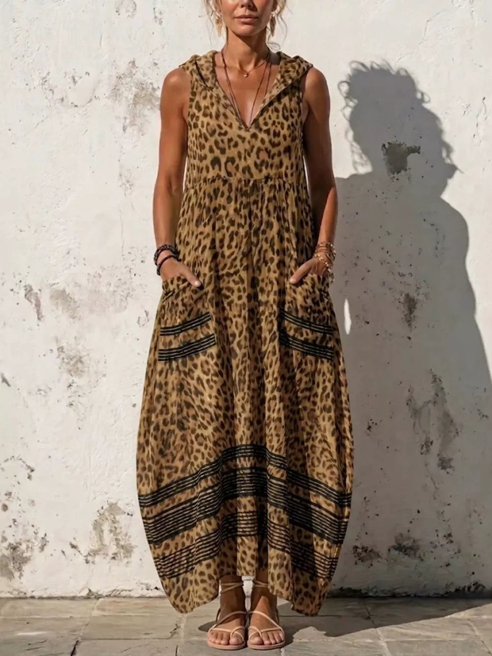 Sleeveless Hooded Leopard Print Maxi Dress in Blue, back view