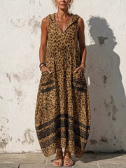 Sleeveless Hooded Leopard Print Maxi Dress in Blue, back view