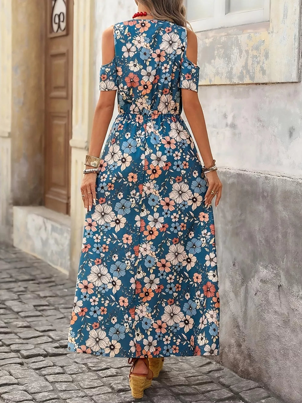 Cold Shoulder Floral Print Maxi Dress in Black, editorial view