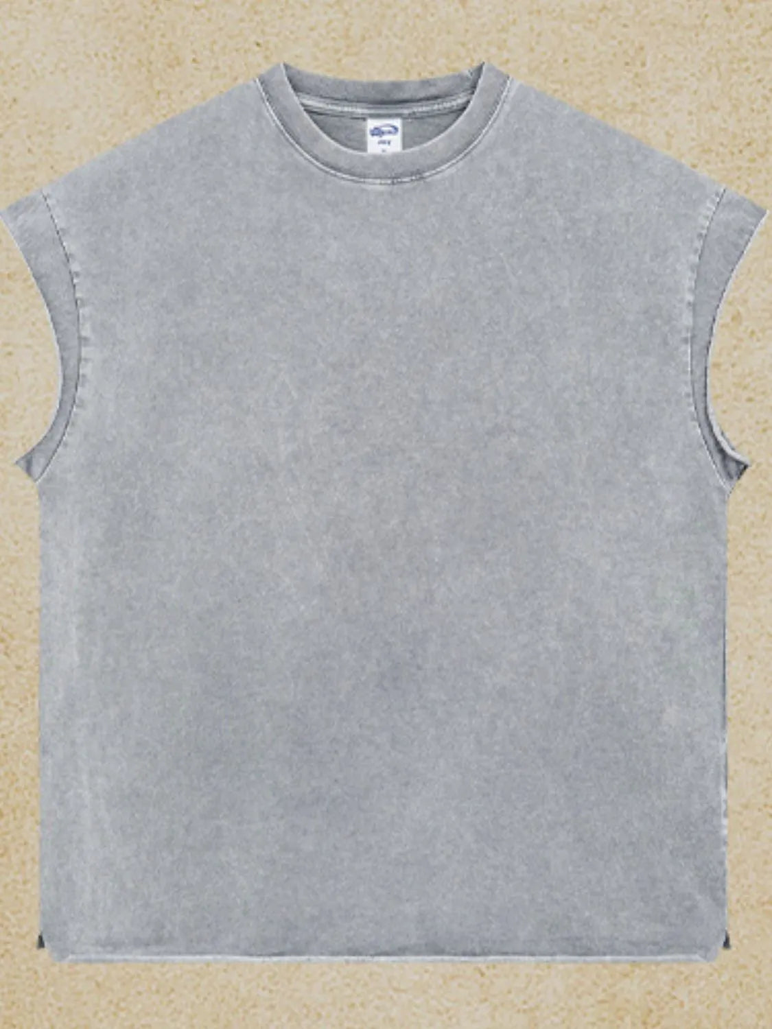 Acid wash boxy muscle tee in gray with a crew neck and sleeveless cut.