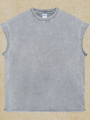 Acid wash boxy muscle tee in gray with a crew neck and sleeveless cut.