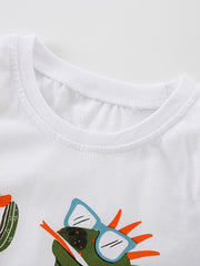 White cotton toddler tank top with a graphic of a lizard wearing sunglasses.