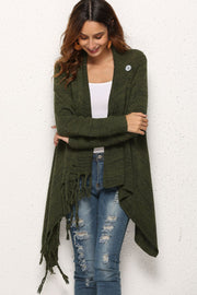 Olive asymmetric fringe knit cardigan with button detail and open front.