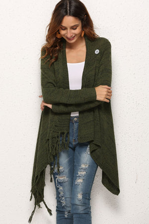 Olive asymmetric fringe knit cardigan with button detail and open front.