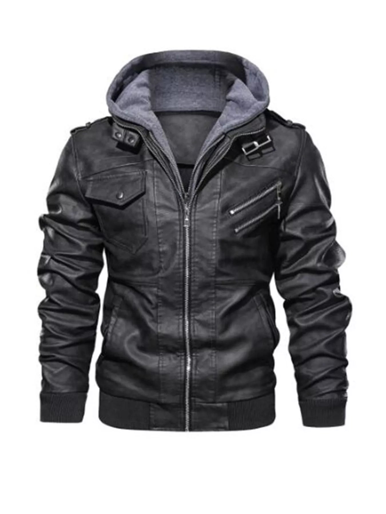 Black faux leather hooded jacket with zippered pockets and chest pockets.